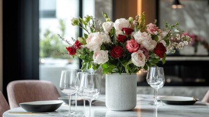Fototapeta premium A marble dining table in a contemporary dining room, featuring a vase with fresh flowers and a chic table setting.