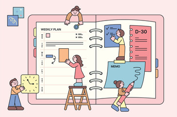 Cute people are spreading out giant diaries and making plans. They are sticking notes and managing their to-dos. outline character vector illustration.