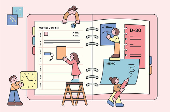 Cute people are spreading out giant diaries and making plans. They are sticking notes and managing their to-dos. outline character vector illustration.