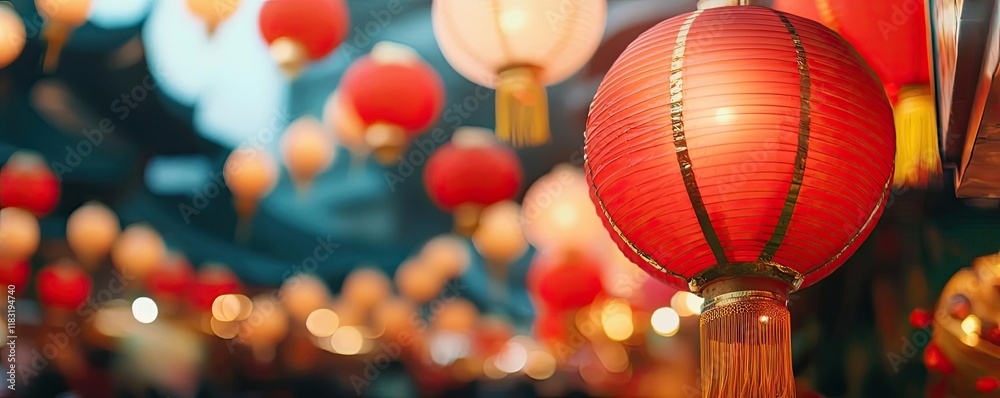 Poster chinese new year lighting idea. vibrant red lanterns glowing softly in a festive atmosphere.