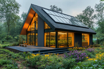 Obraz premium Modern eco-friendly house features solar panels and a lush garden in a serene wooded setting during twilight