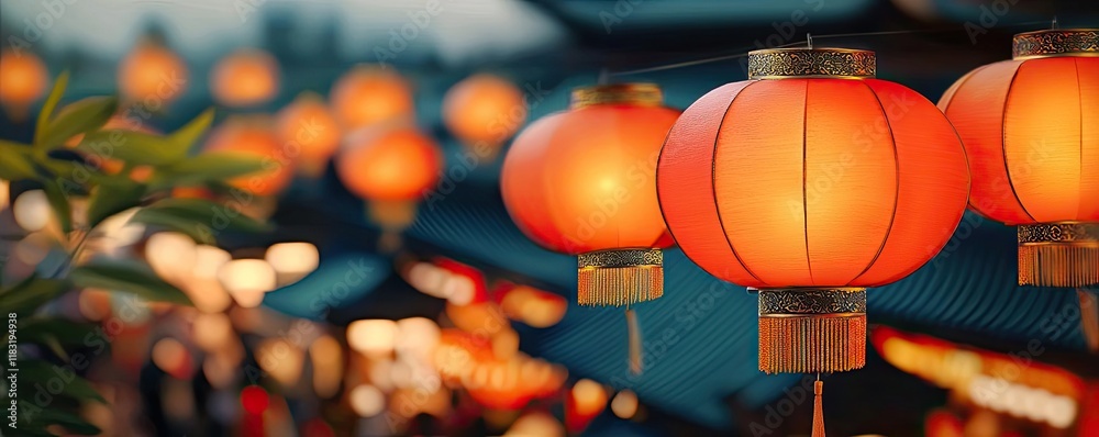 Poster chinese new year lighting idea. beautiful red lanterns illuminated at dusk, creating a warm, festive