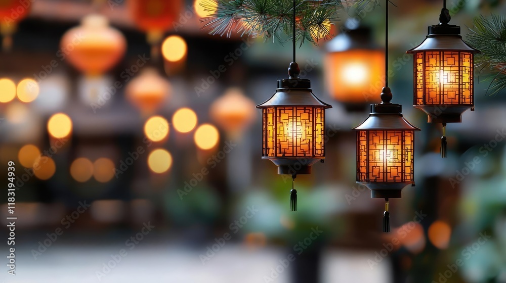 Poster chinese new year festival idea. beautiful hanging lanterns create a warm and inviting ambiance in a 