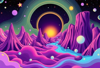 Abstract purple landscape with a flowing river and stars.