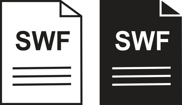 SWF file icon set. SWF file type symbol. File SWF format icon in black filled and outlined style isolated on transparent background. Ideal for technology or data related content, vector illustration.