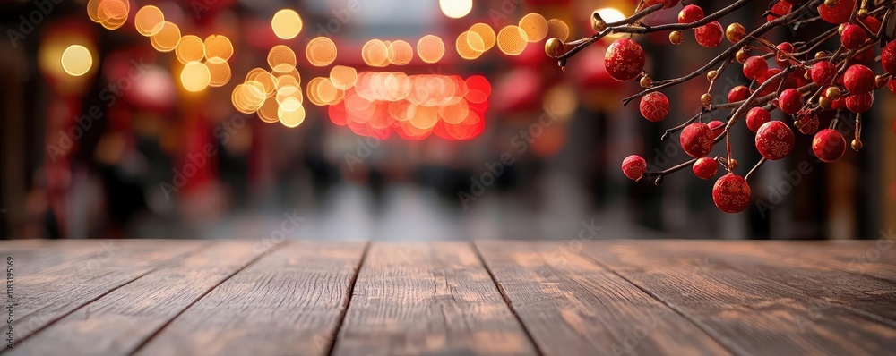 Poster chinese new year festival idea. a close-up view of a rustic wooden table with vibrant red berries an