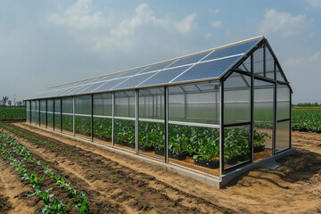Obraz premium Greenhouse with solar panels showcasing sustainable agriculture in a rural landscape under clear skies