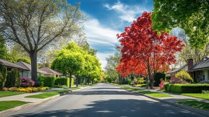 Naklejka premium A quiet suburban street, showcasing neatly trimmed hedges, colorful gardens, and tall trees under a sunny sky.