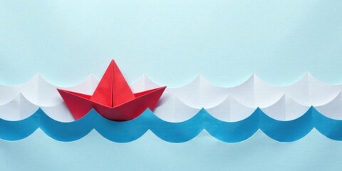 Naklejka premium A Red Paper Boat Navigating Paper Waves on a Blue Background