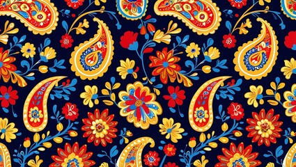 Vibrant Floral Paisley Pattern With Red Yellow Blue Flowers