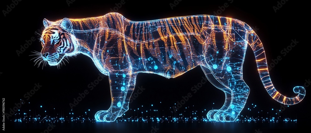 Wall mural Digital tiger profile, dark background, glowing particles