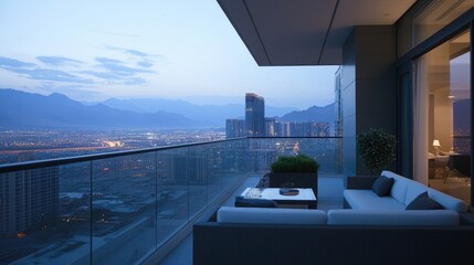 Fototapeta premium A modern apartment balcony with sleek furniture, a glass railing, and a breathtaking city view.
