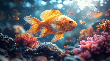 Fototapeta premium Vibrant goldfish swims amidst coral reef.