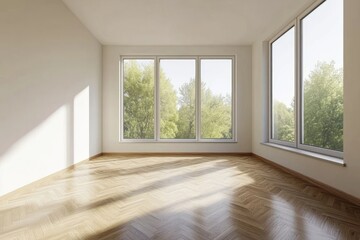 Obraz premium Empty white wall background windows floor interior.