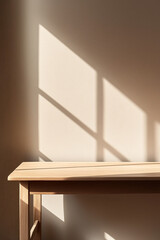 Fototapeta premium oak table with shadow from window, creating warm and inviting atmosphere in minimalist beige color wall room