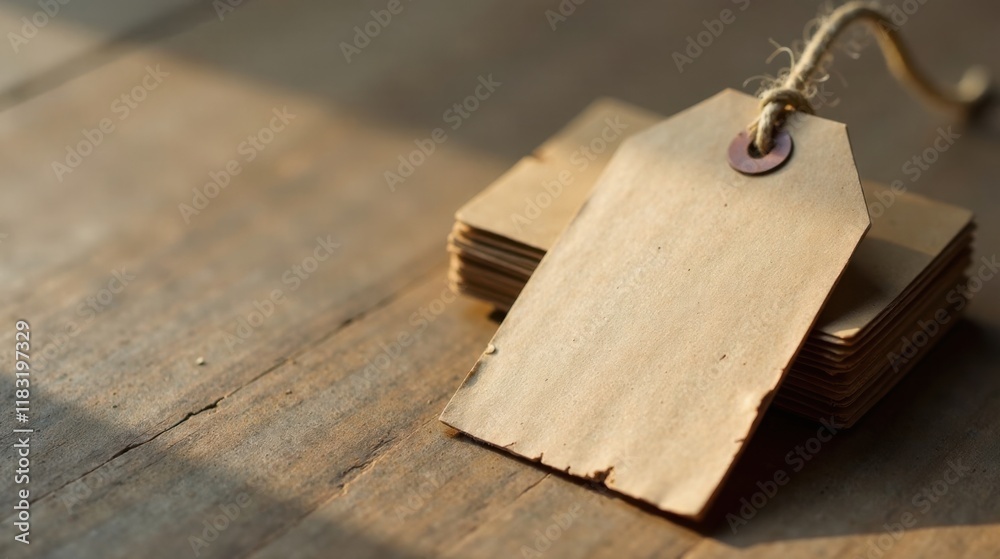 Aufkleber rustic kraft paper tag on stack of cards on wooden surface