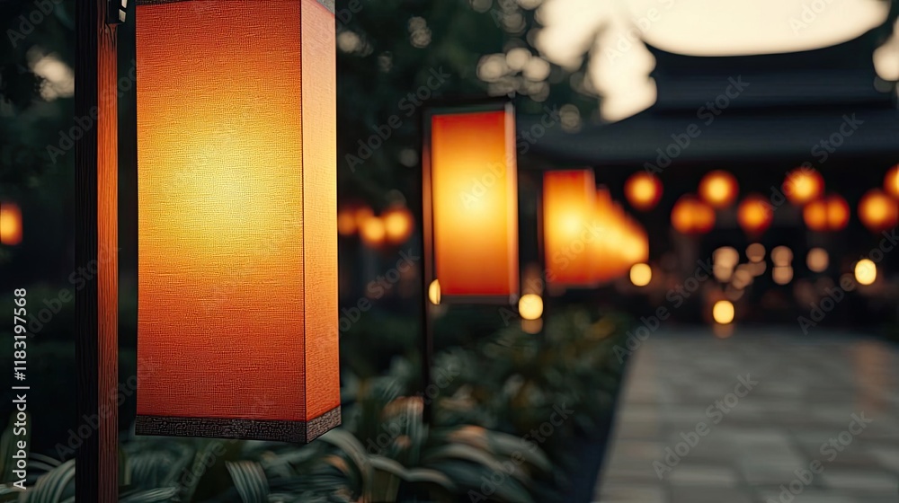 Poster chinese new year festival idea. serene pathway lined with glowing lanterns creating a peaceful eveni