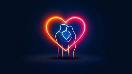 Valentine LGBTQ couples  kiss concept. Neon heart with couple embracing in a romantic setting.
