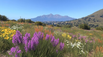Fototapeta premium Vibrant Wildflower Meadow with Mountain Vista
