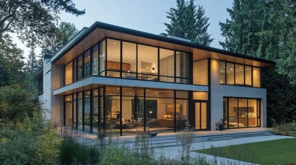 A modern minimalist home exterior with clean lines, large glass windows, and a simple geometric design.
