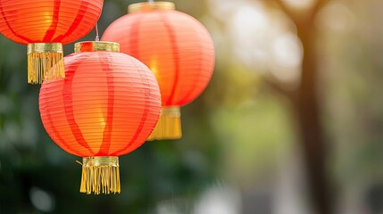 Obraz premium Chinese new year festival idea. Vibrant red lanterns illuminating the serene surroundings of a cultural celebration.