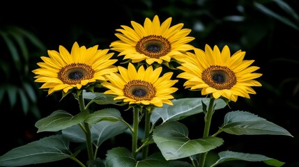 Obraz premium Vibrant Yellow Sunflowers in Dark Garden Setting