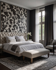 Fototapeta premium Designer bedroom with a black and white color scheme luxury furniture large windows and minimalist design Contemporary Interior Design Inspiration