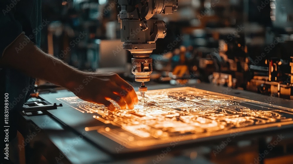 Poster Robotic arm crafting intricate designs on a standard surface in a high-tech workshop captured in close-up for innovative technology insights