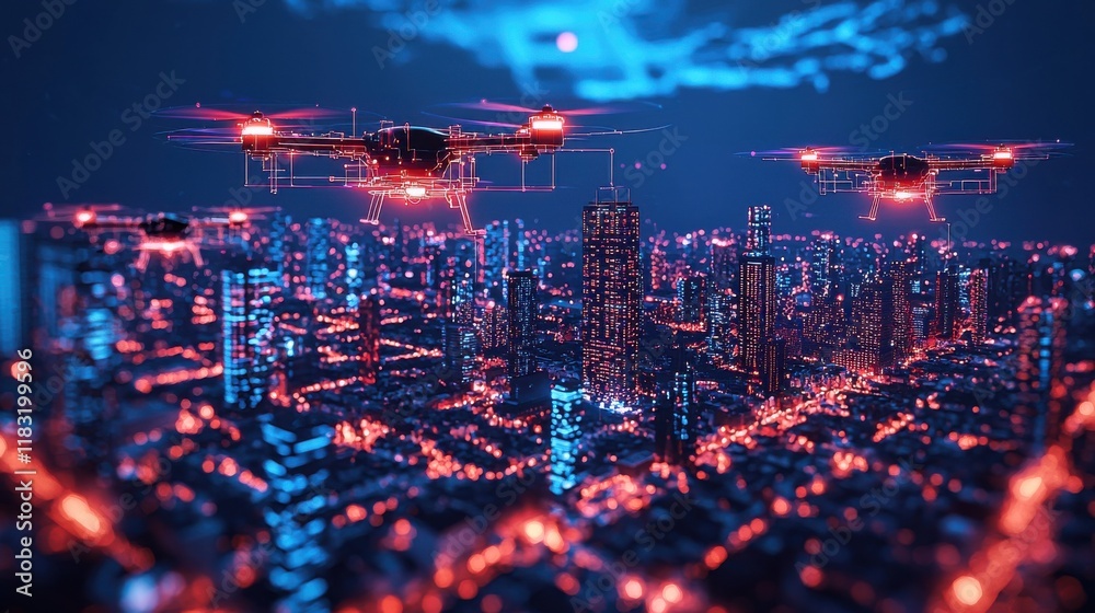 Poster high-tech drone swarm mapping futuristic cityscape urban environment aerial view technological innov