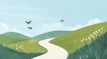 A serene hillside cycling trail with a curving road, vibrant greenery, and birds soaring through the blue sky.