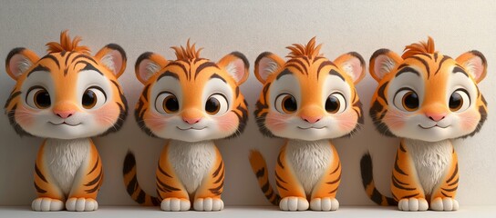 Fototapeta premium Four adorable cartoon tiger cubs sitting in a row.