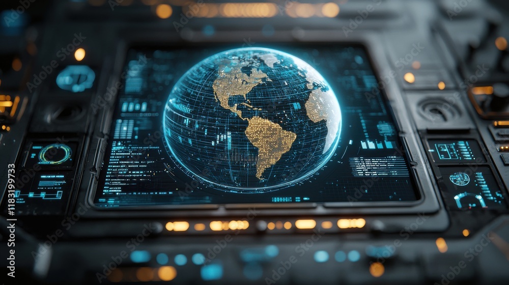 Poster interactive holographic globe showcasing real-time data insights digital environment global perspect