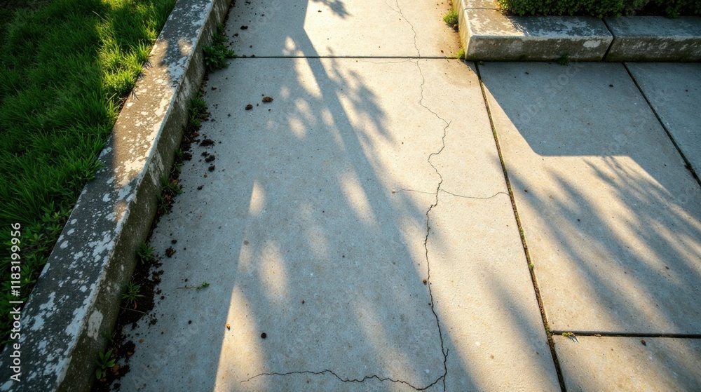 Poster sun-dappled walkway cracked concrete path with verdant border and shadows