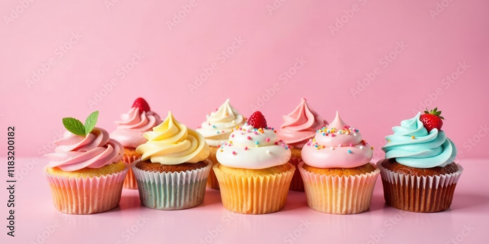 Poster A delightful assortment of colorful cupcakes with various frostings and toppings arranged on a pink surface