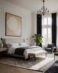 Luxurious black and white themed bedroom with expansive windows contemporary design and stylish furniture Contemporary Interior Design Inspiration
