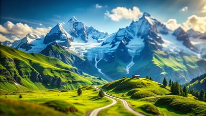 Fototapeta premium Miniature Fellhorn Mountain Panorama: Breathtaking Alpine Scenery with Tilt-Shift Effect