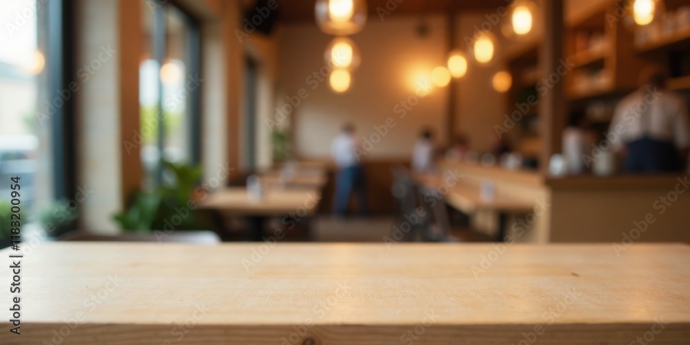 Poster empty light wood tabletop in blurred cafe setting