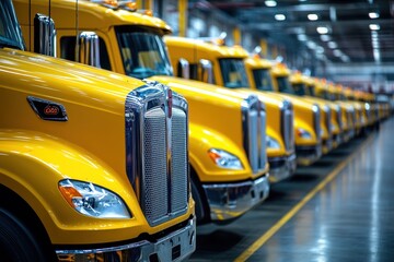 Fototapeta premium Fleet of yellow trucks lined up in industrial warehouse setting ready for transport and logistics operations