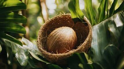 A single ripe coconut nestled in a basket, with a tropical leaf accentuating the natural vibe.