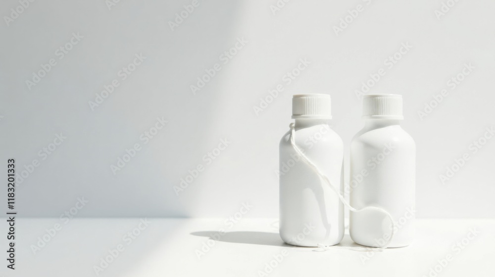 Poster minimalist product photography two blank white bottles with string