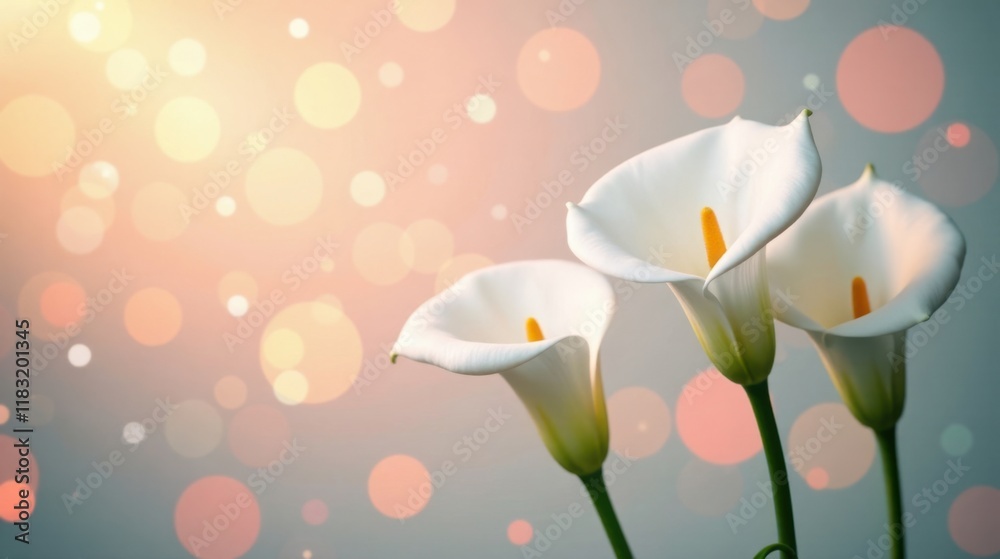 Poster elegant white calla lilies with soft bokeh background