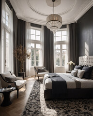 Modern black and white bedroom with luxury furniture expansive windows and sleek contemporary design accents Contemporary Interior Design Inspiration