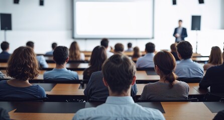 Audience with blurred speaker giving presentation in bright university workshop lecture hall background. Scientific conference presentation event, training, meeting