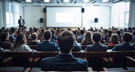 Fototapeta premium Audience with blurred speaker giving presentation in bright university workshop lecture hall background. Scientific conference presentation event, training, meeting