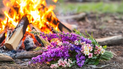 Wildflower Bouquet Near Campfire Flames