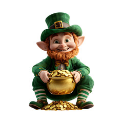 Cheerful Leprechaun Portrait with Pot of Gold Coins on transparent background