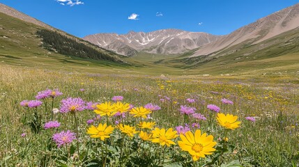 Fototapeta premium Wildflower Meadow and Majestic Mountain Range Under Blue Sky