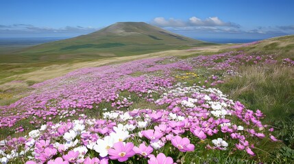 Fototapeta premium Wildflower Meadow Blooming Beneath Hilltop