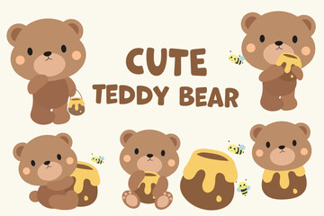 Cute Teddy Bear Illustration with Honey and Bees