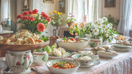A beautifully arranged dining table featuring an array of traditional dishes and vibrant flowers, creating a warm and inviting atmosphere.